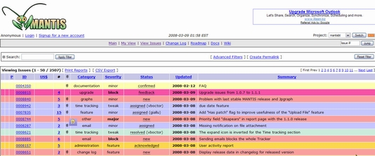 Mantis bug tracking system all bugs